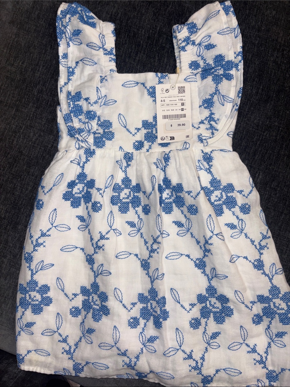 Zara White Dress with Blue Floral Embroidery - Girls